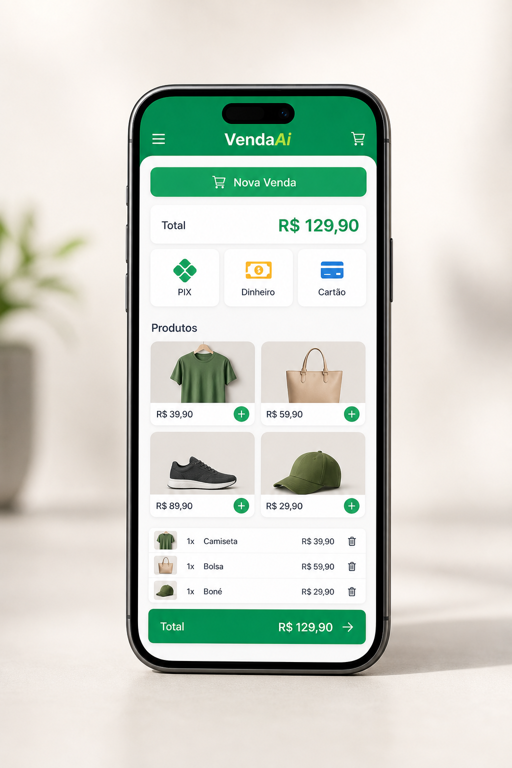 Tela mobile do VendeAiApp mostrando indicadores de vendas e gestão da loja